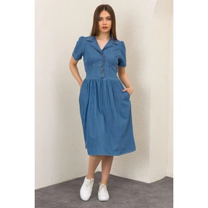 Kadın Düğme Detaylı Cepli Uzun Kot Elbise