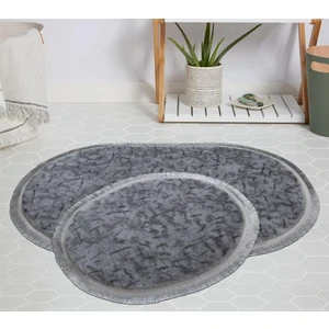 My Evilla Modern Dekoratif Halı Jel Kaymaz Taban Peluş Gri Desenli Saçaklı Oval Paspas Takımı 60X100