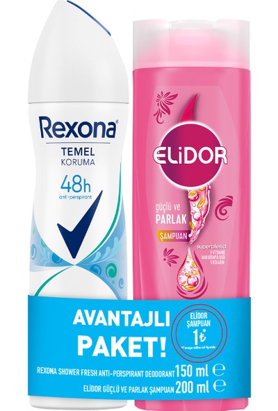 Rexona Temel Koruma Kadın Sprey Deodorant Shower Fresh 150 ml + Elidor Saç Bakım Şampuanı Güçlü ve Parlak 200 ml