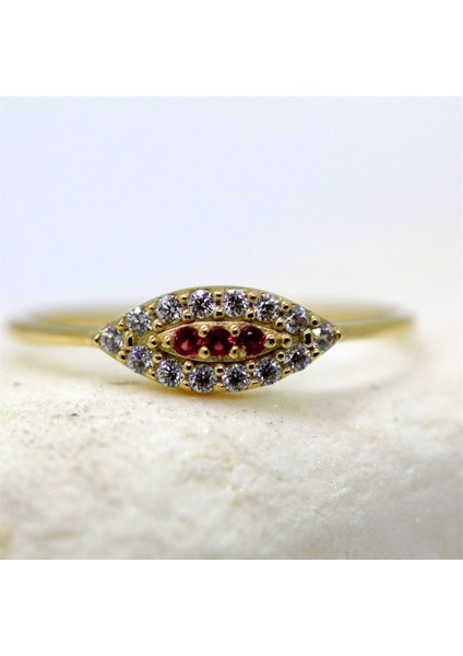 Altın Yüzük - Mekik Göz Kadın 14 Ayar Altın Yüzük-Nano Yakut Taşlı Göz Minimal Hediye Altın Yüzük-Izabel Nazar Boncuğu Modern Tasarım Nano Yakutlu Yüzük
