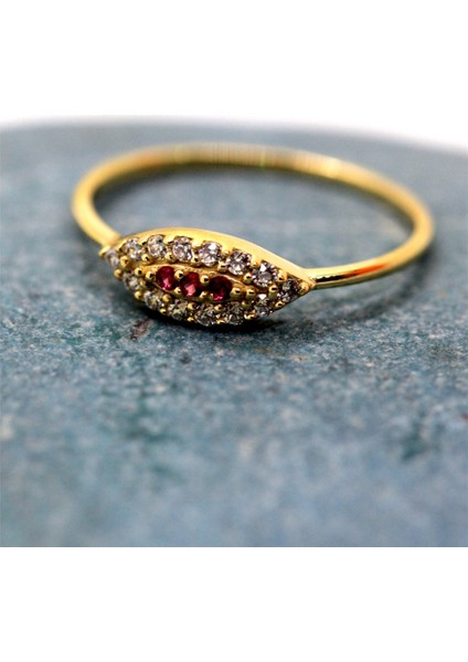 Altın Yüzük - Mekik Göz Kadın 14 Ayar Altın Yüzük-Nano Yakut Taşlı Göz Minimal Hediye Altın Yüzük-Izabel Nazar Boncuğu Modern Tasarım Nano Yakutlu Yüzük modelleri