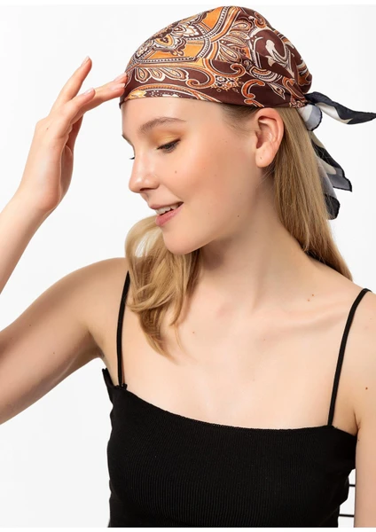 Saria Moda Kahverengi Desenli Fular Bandana