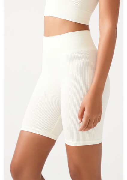Kadın Ekru Yüksek Bel Fitilli Toparlayıcı Kısa Spor Tayt Ribbed Biker