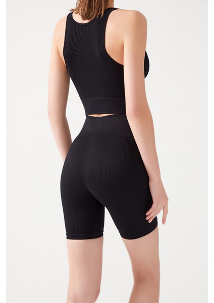 Kadın Siyah Yüksek Bel Fitilli Toparlayıcı Kısa Spor Tayt Ribbed Biker fiyatları