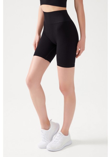 Kadın Siyah Yüksek Bel Fitilli Toparlayıcı Kısa Spor Tayt Ribbed Biker modelleri