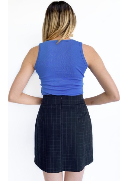 Kadın Bağlama Detay Ekoseli Lacivert Etek modelleri