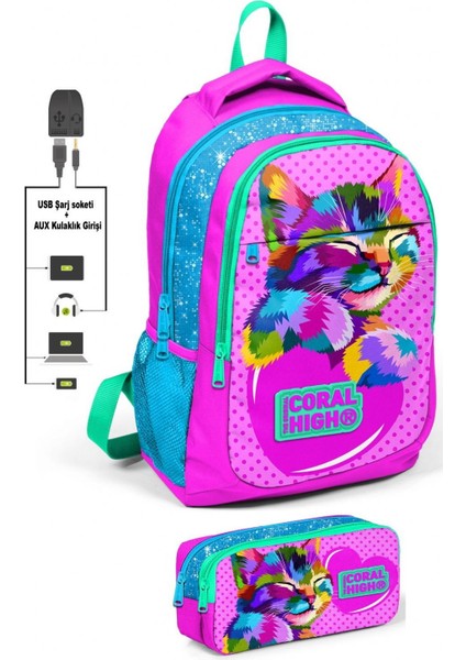 Coral High Sevimli Kedi Baskılı Sırt Çantası ve Kalemlik Seti 31x42x17 cm 8 Yaş ve Üzeri