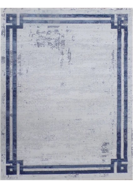 Mavi Çerçeveli Taşlama Mavi Oturma Odası Halısı-100x300 cm