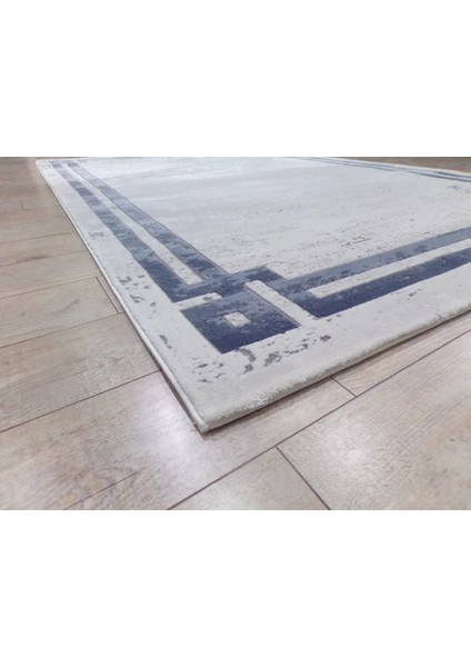 Mavi Çerçeveli Taşlama Mavi Oturma Odası Halısı-100x300 cm