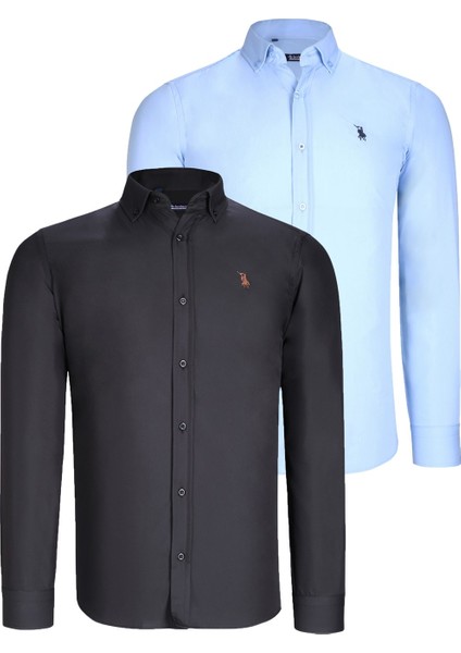 Ikili Set G725 Dewberry Erkek Gömlek-Siyah-Mavi