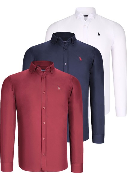 Üçlü Set G725 Dewberry Erkek Gömlek-Beyaz-Lacivert-Bordo