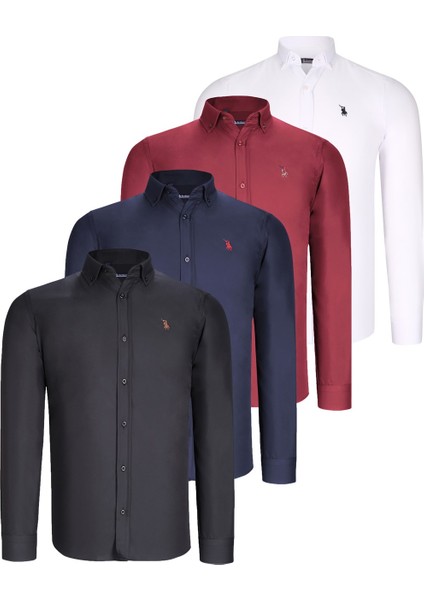 Dörtlü Set G725 Dewberry Erkek Gömlek-Siyah-Beyaz-Lacivert-Bordo
