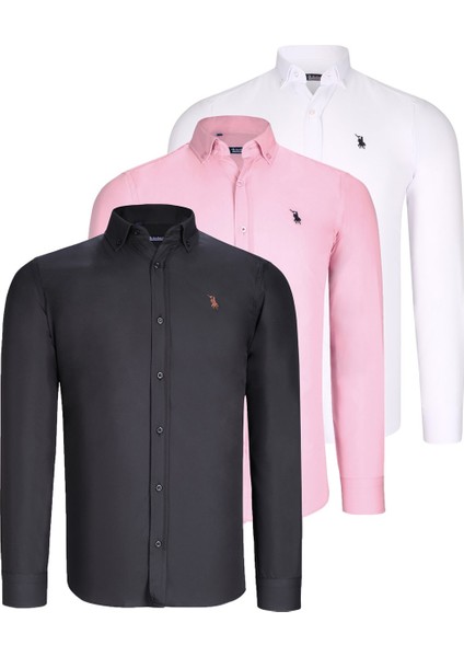 Üçlü Set G725 Dewberry Erkek Gömlek-Siyah-Beyaz-Pembe