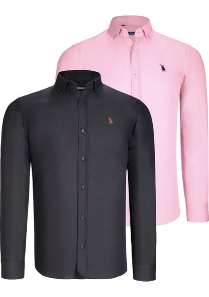 Ikili Set G725 Dewberry Erkek Gömlek-Siyah-Pembe