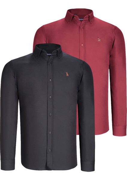 Ikili Set G725 Dewberry Erkek Gömlek-Siyah-Bordo