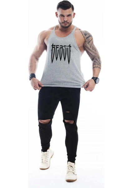 Erkek Gri Beast Gym Fitness Tank Top Sporcu Atleti