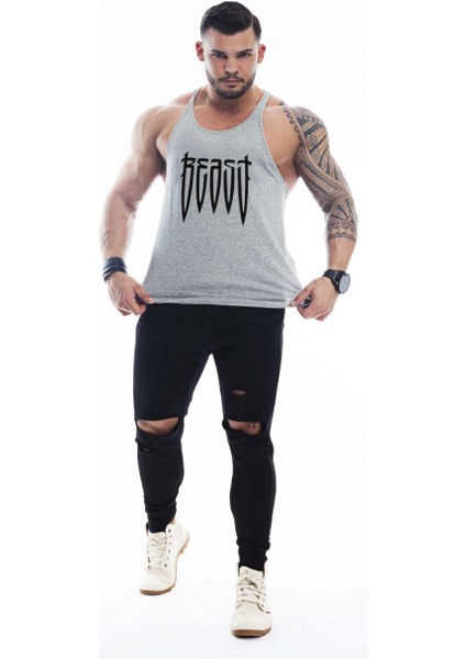 Erkek Gri Beast Gym Fitness Tank Top Yumuşak Kumaşlı Slimfit Tasarım