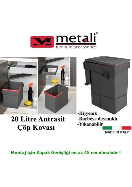 Almital Mobilya METALİ Kapağa Monte Çöp Kutusu Antrasit 20 Litre