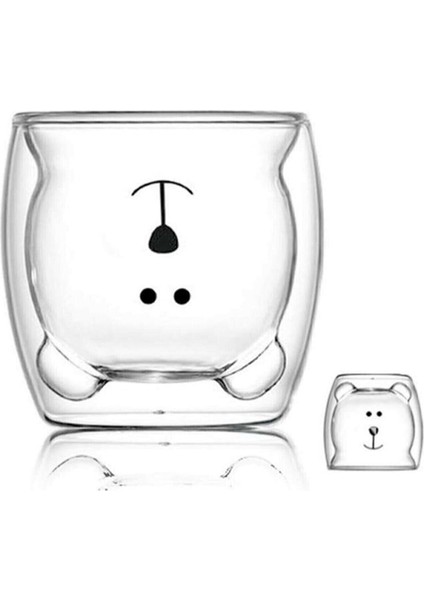 Ayıcıklı Çift Cidarlı Tasarım Cam Bardak 250 ml - Hediyelik Çift Cidarlı Ayıcık Bardak
