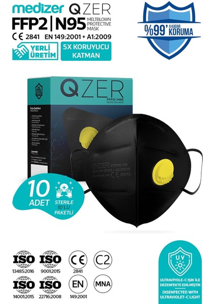 Qzer Siyah 5 Katlı Ventilli Ffp2 Nr N95 Maske