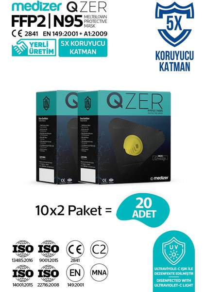 Qzer Siyah 5 Katlı Ventilli Ffp2 Nr N95 Maske