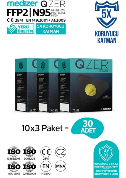 Qzer Siyah 5 Katlı Ventilli Ffp2 Nr N95 Maske