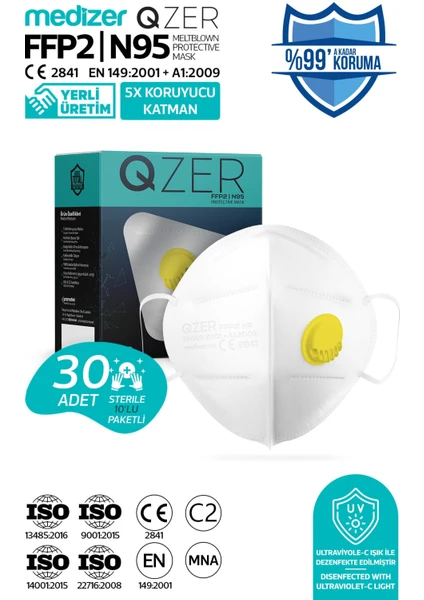 Qzer Beyaz 5 Katlı Ventilli Ffp2 Nr N95 Maske