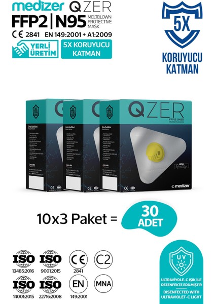 Qzer Beyaz 5 Katlı Ventilli Ffp2 Nr N95 Maske