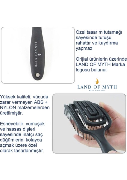 Land Of Myth - LOM1271 Üç Boyutlu Esnek Saç Açma ve Tarama Fırçası, Flexible Pro Brush (Siyah)