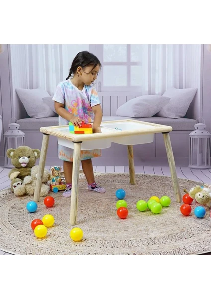 Damla Toys Ekonomik Ahşap Çocuk Oyun Aktivite Ders Masası + 2 Beyaz Dar Kova Hediyeli