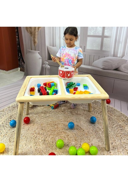 Damla Toys Ekonomik Ahşap Çocuk Oyun Aktivite Ders Masası + 2 Beyaz Dar Kova Hediyeli