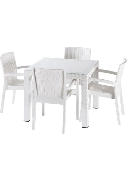 Violet Rattan 90X90 cm Camlı Bahçe Balkon Teras Masa Takımı 4 Adet Sandalye
