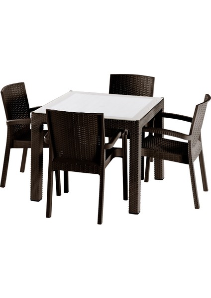 Violet Rattan 90X90 cm Camlı Bahçe Balkon Teras Masa Takımı 4 Adet Sandalye
