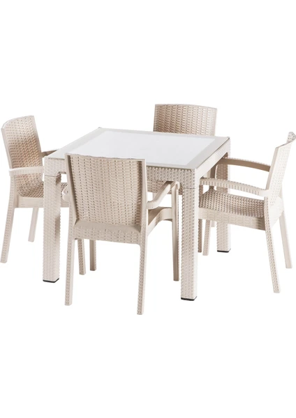 Çavdar Group Violet Rattan 90X90 cm Camlı Bahçe Balkon Teras Masa Takımı 4 Adet Sandalye