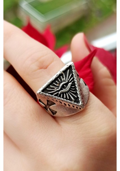 Antik Gümüş Kaplama Haçlı Illuminati Göz Şekilli Ayarlanabilir Yüzük