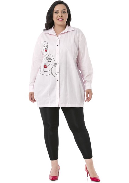 Büyük Beden Kadın Silüeti Baskılı Yarım Balon Kalıp Eteği Dikişli Pembe Gömlek