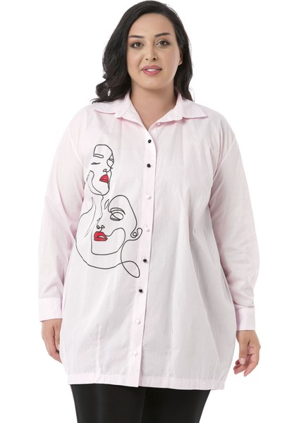 Büyük Beden Kadın Silüeti Baskılı Yarım Balon Kalıp Eteği Dikişli Pembe Gömlek fiyatları