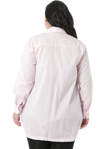 Büyük Beden Kadın Silüeti Baskılı Yarım Balon Kalıp Eteği Dikişli Pembe Gömlek modelleri