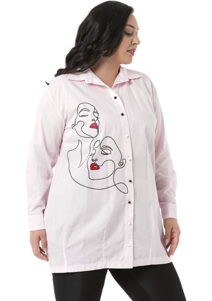 Büyük Beden Kadın Silüeti Baskılı Yarım Balon Kalıp Eteği Dikişli Pembe Gömlek fırsatları