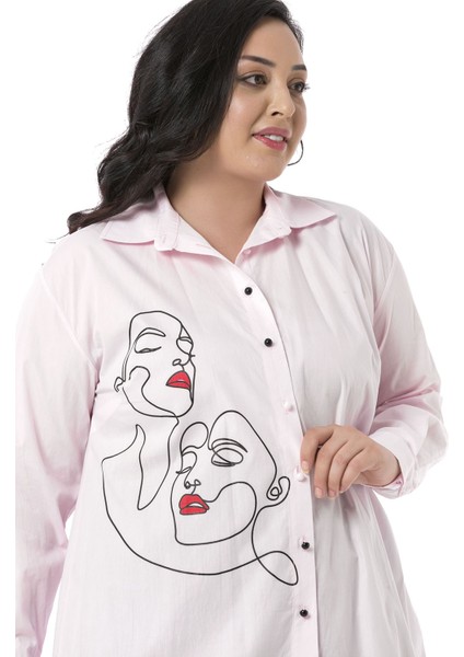 Büyük Beden Kadın Silüeti Baskılı Yarım Balon Kalıp Eteği Dikişli Pembe Gömlek indirimleri