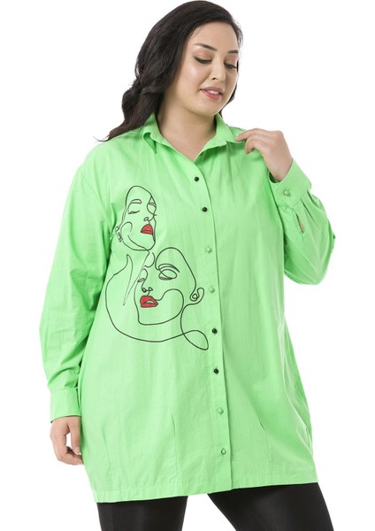 Büyük Beden Kadın Silüeti Baskılı Yarım Balon Kalıp Eteği Dikişli Yeşil Gömlek fiyatları