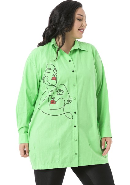 Büyük Beden Kadın Silüeti Baskılı Yarım Balon Kalıp Eteği Dikişli Yeşil Gömlek fırsatları