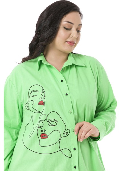 Büyük Beden Kadın Silüeti Baskılı Yarım Balon Kalıp Eteği Dikişli Yeşil Gömlek indirimleri