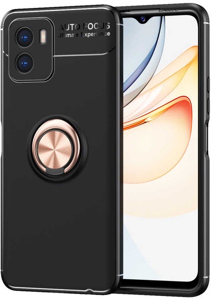 Case 4U Vivo Y15S Kılıf Mıknatıslı Autofocus Shockprof Ravel Yüzüklü Standlı Slikon Kapak Siyah - Rose Gold