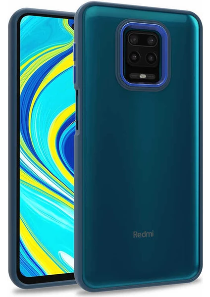 Case 4U Xiaomi Redmi Note 9S Kılıf Kamera Çıkıntılı Arkası Kristal Şeffaf Hassas Tuşlu Renkli Kenarlı Flora Kapak Mavi