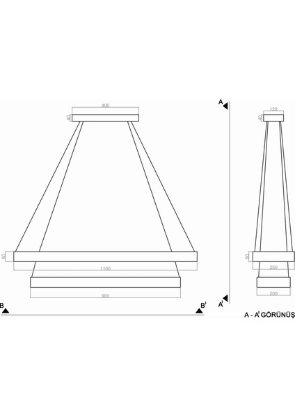 TRA61122 Eco 110*25 cm LED Avize Sarkıt 4gen Quınze - Işık Rengi 6500K Soğuk Beyaz