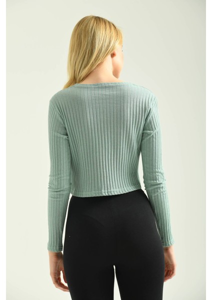 Mint Nakış Detaylı Kaşkorse Örme Bluz