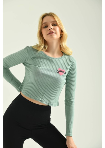Mint Nakış Detaylı Kaşkorse Örme Bluz