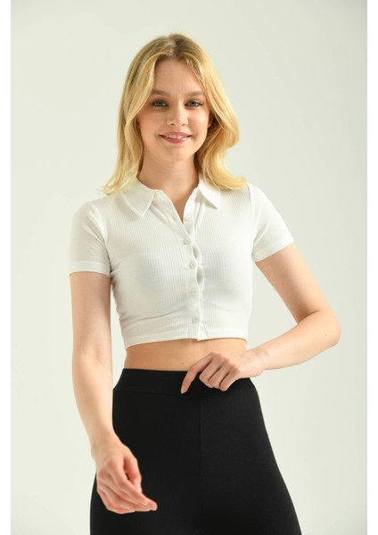 Beyaz Polo Yaka Fitilli Örme Crop Bluz