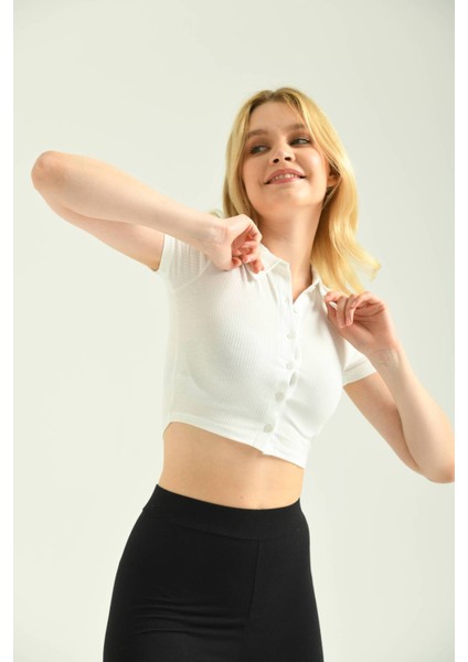 Beyaz Polo Yaka Fitilli Örme Crop Bluz modelleri